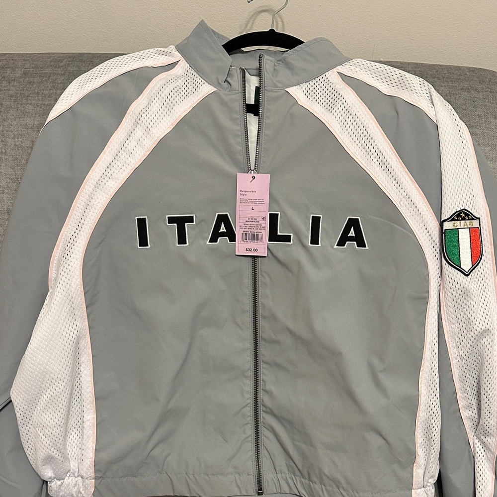 wild fable Gray, White & Pink Italia Track-Style Varsity Jacket